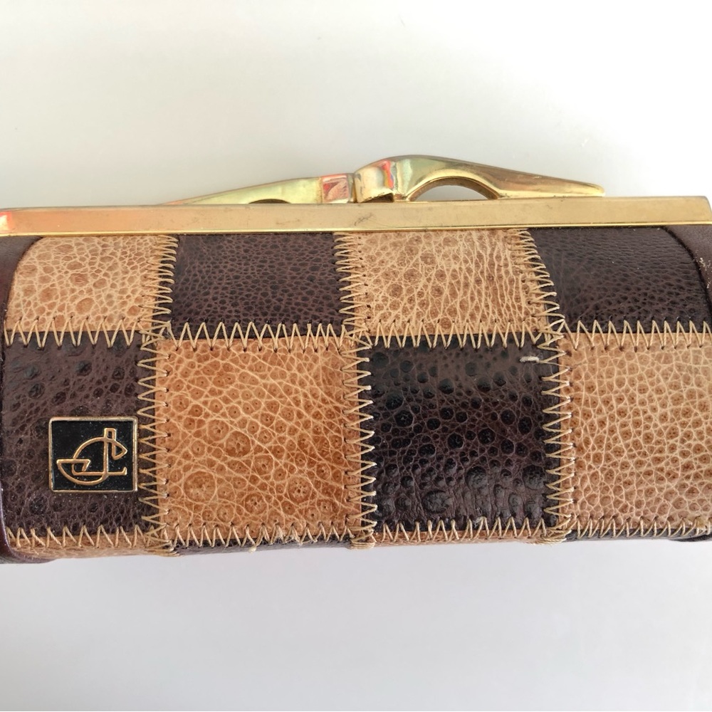 Elegant two tone Leather Coin Purse Beige Brown Leather Kiss Lock Clasp # 2700